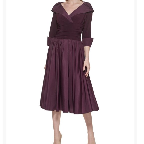 Jessica Howard Womens 18W Plum Fit & Flare Dress Shawl Collar 3/4 Sleeves Midi L - Picture 1 of 8